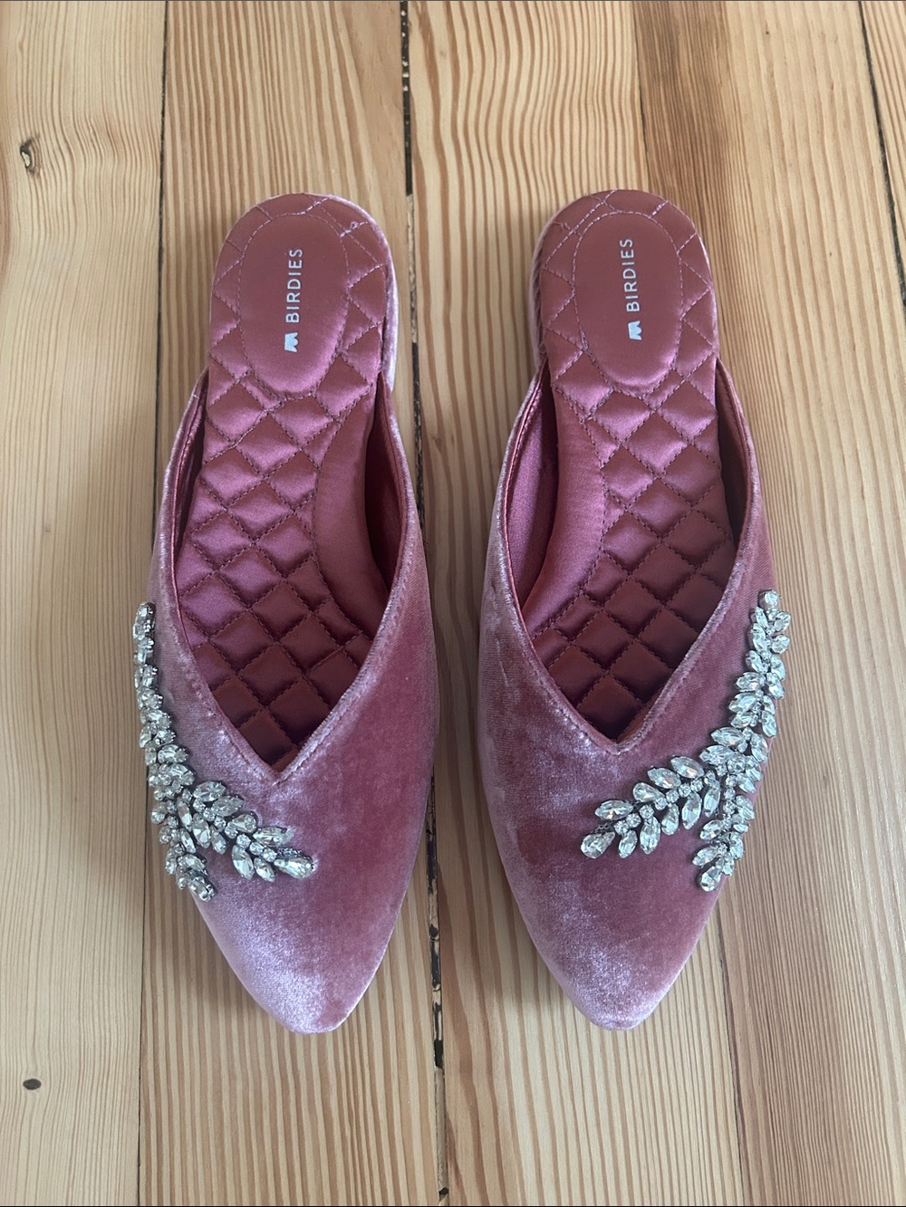 Birdies The Swan Rose Velvet Crystal-Embellished Mules